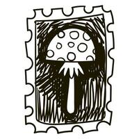 vektor ritad för hand illustration av en häxa svamp flyga agaric i de stil av linosnitt, stroke med en penna. en stämpel med de symbol av halloween, höst. svart och vit teckning. bläck slag, skiss
