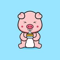 söt gris som håller mjölkflaska napp tecknad ikon illustration vektor