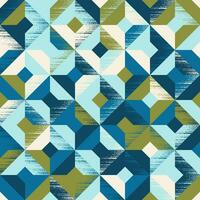 geometrisch nahtlos Muster von Quadrate und Rauten chaotisch gemalt im Blau Grün, Gelbgrün, Sahne und Licht Blau. Design zum Hintergrund, Verpackung Produkte, Textilien, Stoffe. vektor