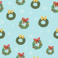 Weihnachten und Winter thematisch nahtlos Muster, mit Weihnachten Kränze und Weiß Schneeflocken auf Licht Blau Hintergrund vektor