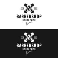 retro Jahrgang Friseur Haarschnitt und rasieren Logo Vorlage mit Haarschnitt Ausrüstung Design. Logo zum Geschäft, Emblem, Etikett, Barbier und Abzeichen. vektor