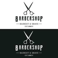 retro Jahrgang Friseur Haarschnitt und rasieren Logo Vorlage mit Haarschnitt Ausrüstung Design. Logo zum Geschäft, Emblem, Etikett, Barbier und Abzeichen. vektor