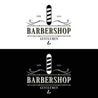 retro Jahrgang Friseur Haarschnitt und rasieren Logo Vorlage mit Haarschnitt Ausrüstung Design. Logo zum Geschäft, Emblem, Etikett, Barbier und Abzeichen. vektor