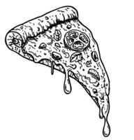 Pizza Scheibe mit geschmolzen Käse und Peperoni. Hand gezeichnet skizzieren Vektor Illustration. zum Gruß Karten, Poster, Embleme, Speisekarte, Poster oder Etikett.