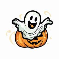 pumpa huvud söt flygande spöke. Lycklig halloween. söt tecknad serie läskigt karaktär. bua bubbla. vektor illustration