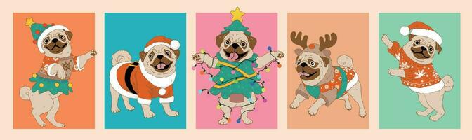 Karikatur Mops Bulldogge Hund tragen Weihnachten Kostümfür Weihnachten Tag Illustration Prämie Vektor