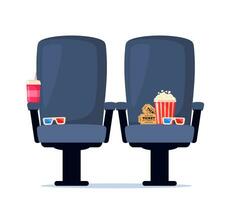 bio fåtölj med soda, popcorn och 3d glasögon. bio affisch, baner design för film teater. vektor illustration.