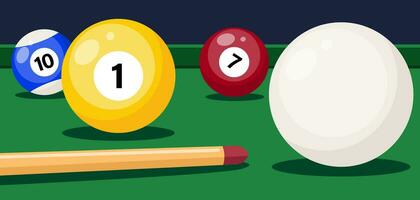 Billard- Tabelle mit Stichwort schlagen Spielen Ball. Billard- Zimmer. Billard- Bälle schließen hoch. Snooker oder Schwimmbad Sport spielen, Banner Vorlage. Vektor Illustration.