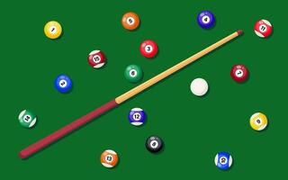 Billard- Stichwort und Schwimmbad Bälle auf Grün Tisch. Billard- Bälle und Schwimmbad Stock zum Spiel auf Grün Tisch, oben Sicht. Vektor Illustration.