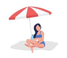 flicka sitter på stranden under paraply halv platt färg vektor karaktär
