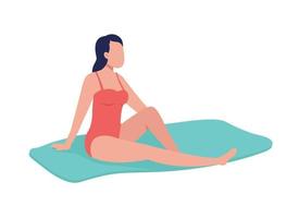 junge Frau, die am Strand ein Sonnenbad nimmt, halb flacher Farbvektorcharakter vektor