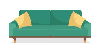 grünes Sofa mit Kissen halb flaches Farbvektorobjekt vektor