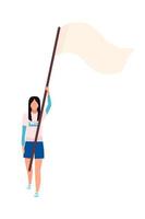 ung kvinna med flagga på pinne halv platt färg karaktär vektor