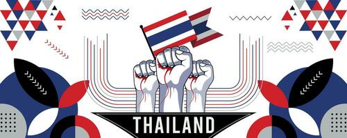 flagga och Karta av thailand med Uppfostrad nävar. nationell dag eller oberoende dag design för thai firande. modern retro design med abstrakt geometrisk ikoner. vektor illustration.