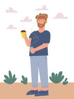 junger Mann mit Bart, der Musik und eine Tasse Kaffee hört vektor
