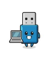 maskot illustration av flash -enhet usb med en bärbar dator vektor