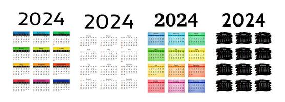 uppsättning av fyra vertikal kalendrar för 2024 isolerat på en vit bakgrund. söndag till måndag, företag mall. vektor illustration