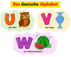 Deutsche Alphabet. geschrieben im Deutsche Eule, Vase, Wassermelone vektor