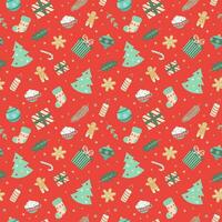 sömlös jul mönster mall i tecknad serie stil med jul godis, gåvor, järnek löv och klockor. för omslag papper, textil, tema dekor vektor