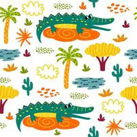 nahtlos Muster mit afrikanisch Tiere und Pflanzen im ein kindisch Karikatur Stil. Vektor Illustration. zum Kinder- Textilien und Dekoration