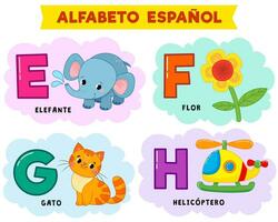 spanska alfabet. vektor illustration. skriven i spanska elefant, blomma, helikopter, katt