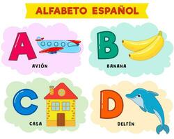 spanska alfabet. vektor illustration. skriven i spanska plan, banan, hus, delfin