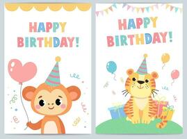 söt födelsedag kort för barn med rolig djur. vektor illustration