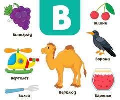 Russisch Alphabet. geschrieben im Russisch - - Hubschrauber, Kamel, Kirsche, Marmelade, Trauben, Krähe vektor