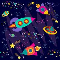 nahtlos Muster mit Raum Objekte, Planeten, Raketen, Sterne, Kometen, Raumschiffe im Karikatur Stil. Vektor Illustration