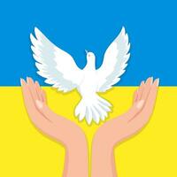 Poster im Unterstützung von Ukraine. halt das Krieg, Hilfe Ukraine. das Text von das Militär- Banner mit das Herz von Ukraine im das Hände. International Protest. Vektor Illustration