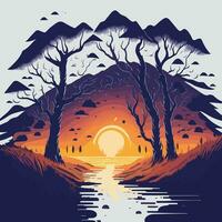 Sonnenuntergang im das Wald. Landschaft mit Bäume und See. Vektor Illustration