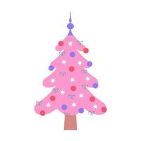 rosa jul träd. söt pastell dekorerad jul träd med grannlåt, bågar och snöflingor. vektor