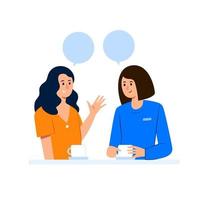 två kvinnliga vänner med pratbubblor på kafé i platt design vektor