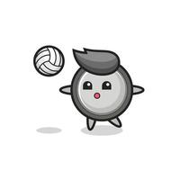 Charakterkarikatur der Knopfzelle spielt Volleyball vektor