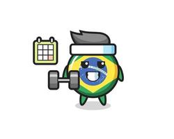 Brasilien flagga märke maskot tecknad gör fitness med hantel vektor