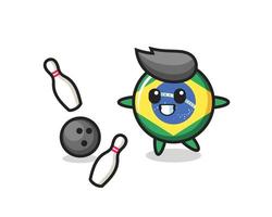 Charakterkarikatur des brasilianischen Flaggenabzeichens spielt Bowling vektor