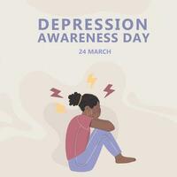 Depression Bewusstsein Tag Hintergrund. afrikanisch amerikanisch Frau ist deprimiert vektor