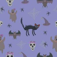 Halloween nahtlos Muster mit gespenstisch Artikel, Vektor Illustration mit Blau Hintergrund