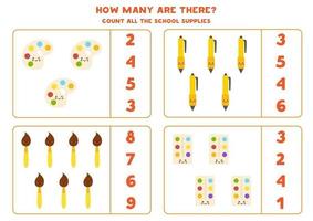 Zählspiel mit niedlichen kawaii Schulmaterialien. Mathe-Arbeitsblatt. vektor