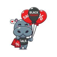 söt flodhäst med handla väska och ballong på svart fredag försäljning tecknad serie vektor illustration