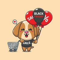 süß Hund mit Einkaufen Wagen und Ballon beim schwarz Freitag Verkauf Karikatur Vektor Illustration