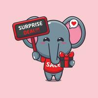 söt elefant med befordran tecken och gåva låda i svart fredag försäljning tecknad serie vektor illustration