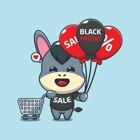 süß Esel mit Einkaufen Wagen und Ballon beim schwarz Freitag Verkauf Karikatur Vektor Illustration