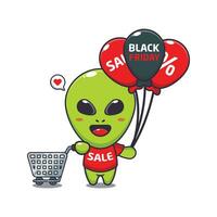 söt utomjording med handla vagn och ballong på svart fredag försäljning tecknad serie vektor illustration