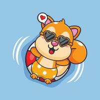 süß Eichhörnchen im Sonnenbrille schweben mit Boje. süß Sommer- Karikatur Illustration. vektor