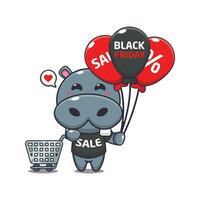 söt flodhäst med handla vagn och ballong på svart fredag försäljning tecknad serie vektor illustration