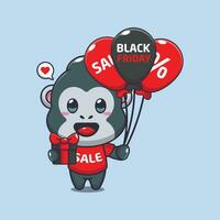 süß Gorilla mit Geschenke und Luftballons im schwarz Freitag Verkauf Karikatur Vektor Illustration