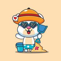 süß Polar- Bär im Sonnenbrille abspielen Sand Strand Karikatur Illustration. süß Sommer- Karikatur Illustration. vektor