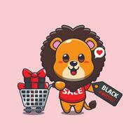 süß Löwe mit Einkaufen Wagen und Rabatt Coupon schwarz Freitag Verkauf Karikatur Vektor Illustration