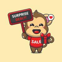 süß Affe mit Beförderung Zeichen und Geschenk Box im schwarz Freitag Verkauf Karikatur Vektor Illustration